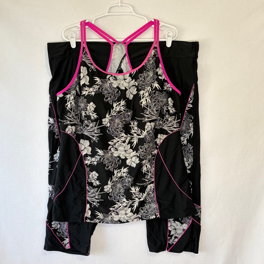 Womens 2 Piece Swimsuit Plus Size 3X Tankini Capri Length Black Pink Floral
